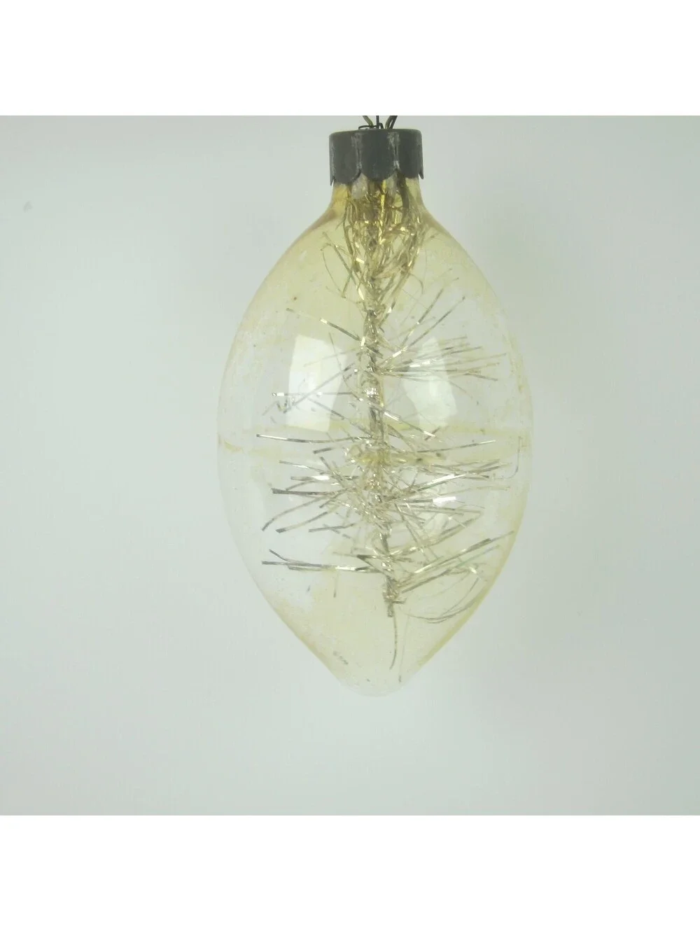 Vintage Unsilvered Glass DROP Christmas Ornament Gold Tinsel Stick 2.5